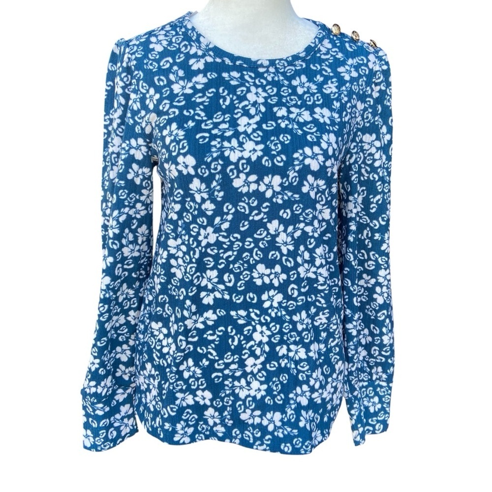 Ann Taylor LOFT Floral Blue Long Sleeve Top Size XS Stretch Gold Button Detail - Picture 3 of 12